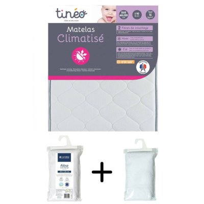 TINEO Pack matelas climatisé + alèse blanc + drap housse blanc - 60 x 120 cm