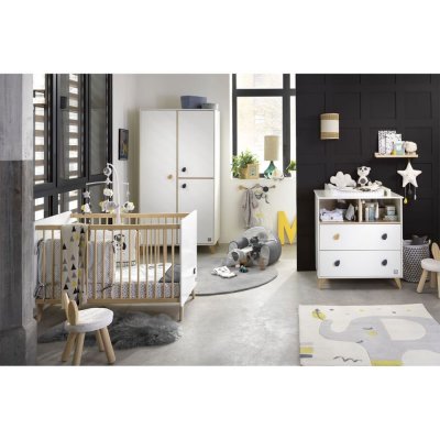 KOCOT KIDS Chambre complète lit bébé 60x120 commode 3 tiroirs et armoire 2  portes Victor - Blanc et Chêne pas cher 