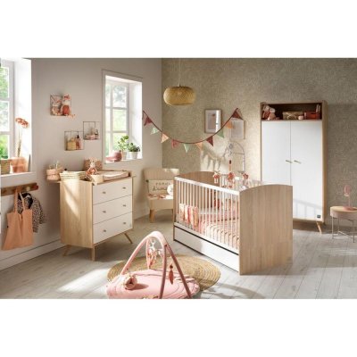 SAUTHON MEUBLES Chambre trio lit bébé little big bed 70x140 + armoire + commode access bois blanc