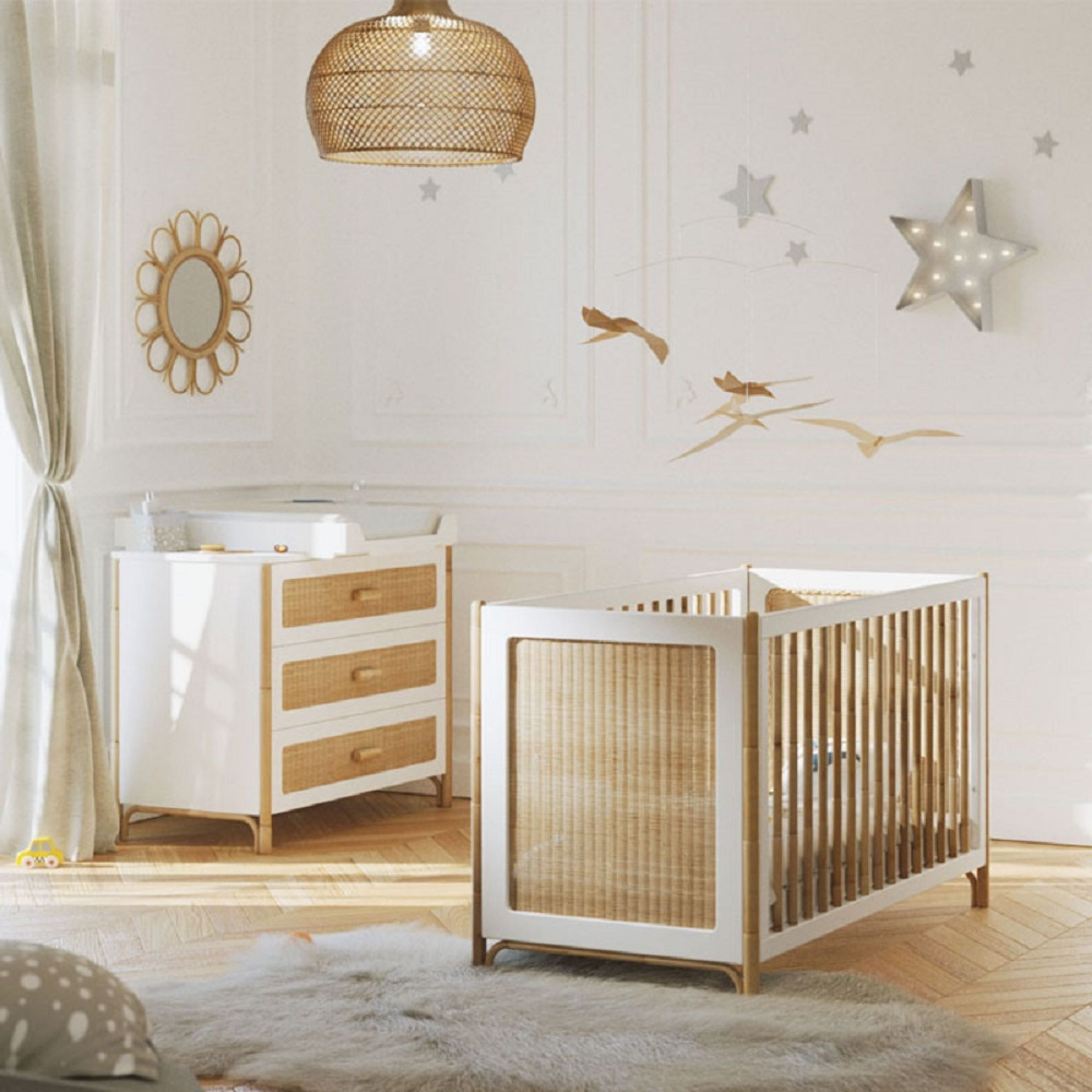 Chambre bébé duo lit 60x120cm + commode seventies blanc et bois de Sauthon  meubles sur allobébé